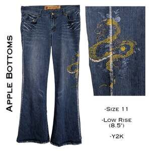 Apple Bottoms Y2K Jeans 11 Dragon Snake Graphic Flare Low Rise Blue Hip Hop VTG